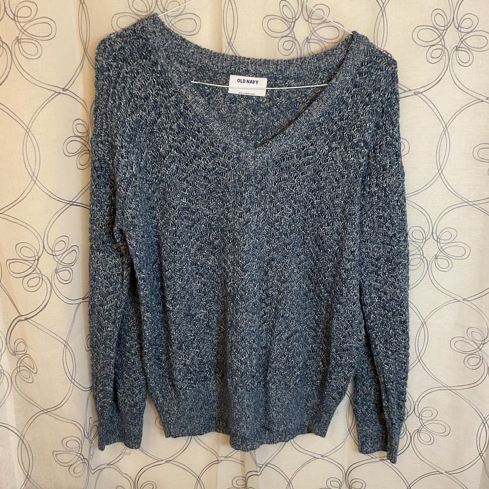 Old Navy Women's V-Neck Sweater Long Sleeve Sz L Blue Marled Textured